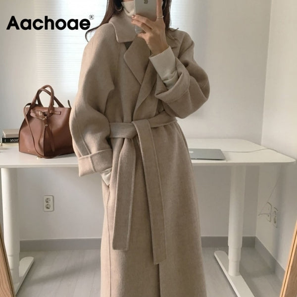 Aachoae Women Elegant Long Wool Coat With Belt